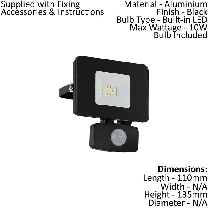 IP44 Outdoor Flood Light & PIR Sensor Black Aluminium 10W Built in LED Loops
