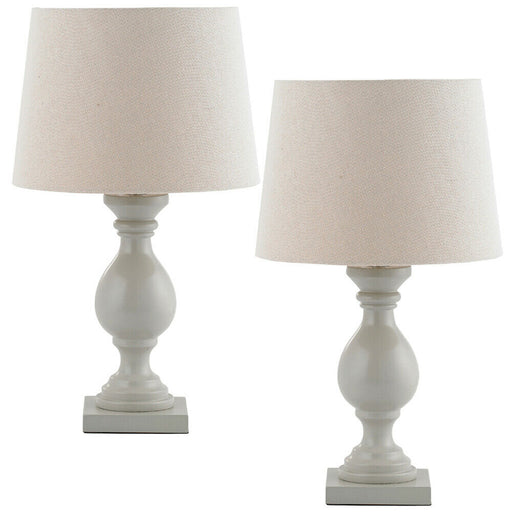 2 PACK Classic Wooden Table Lamp Taupe & Off White Shade Pretty Bedside Light Loops