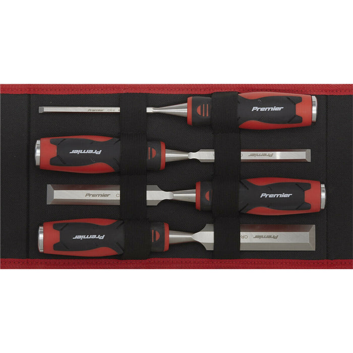 4 Piece Hammer-Thru Wood Chisel Set - Bevel Edged Blades - Storage Pouch Loops