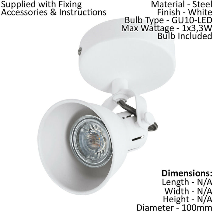 Wall Spot Light White Steel Wall Plate and Lamp Shade Bulb GU10 1x3.3W Included Loops