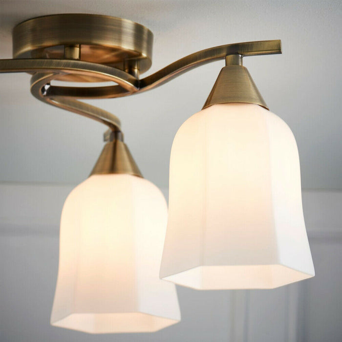 Semi Flush Ceiling Light Antique Brass Opal Glass 3 Bulb Down Lamp Shade Pendant Loops