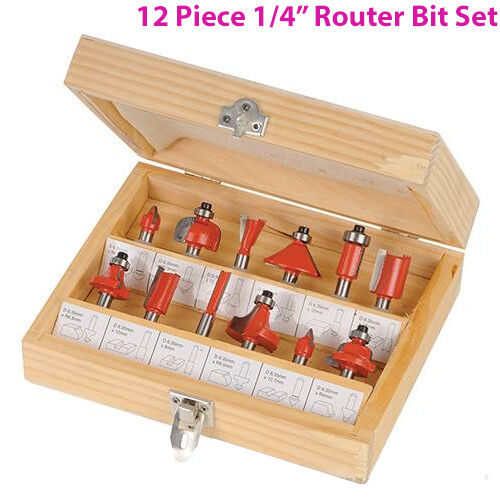 12 Piece 1/4" Inch TCT Router Bit Set Woodwork Cutting Wooden Case Loops