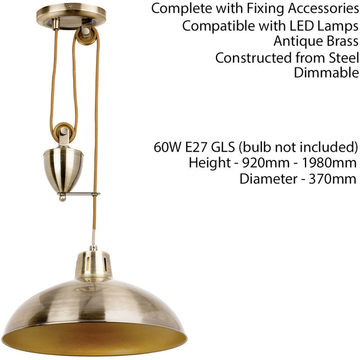 Hanging Ceiling Pendant Light ADJUSTABLE HEIGHT Industrial Brass Rise Fall Drop Loops