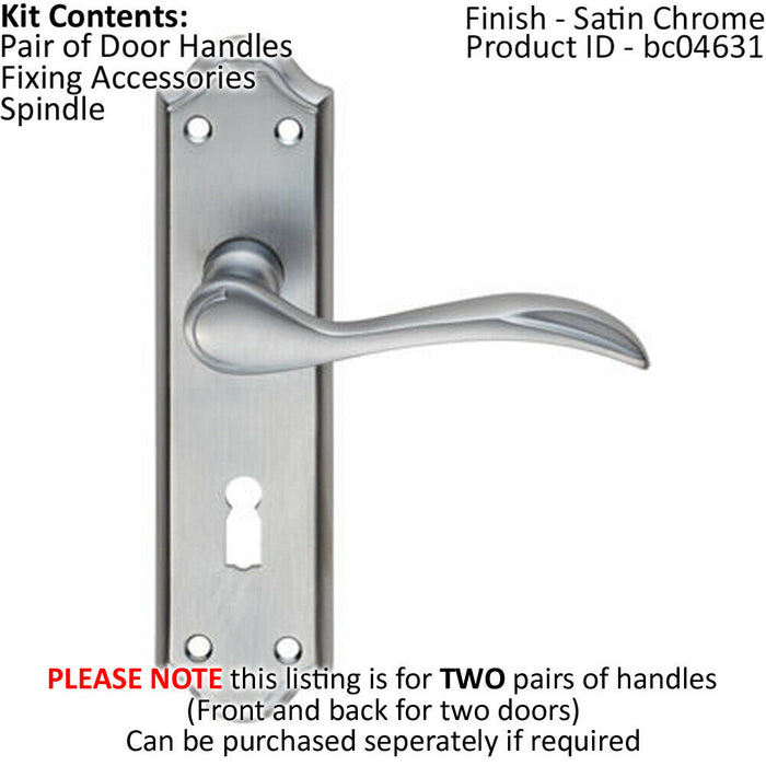 2x PAIR Curved Door Handle Lever on Lock Backplate 180 x 45mm Satin Chrome Loops