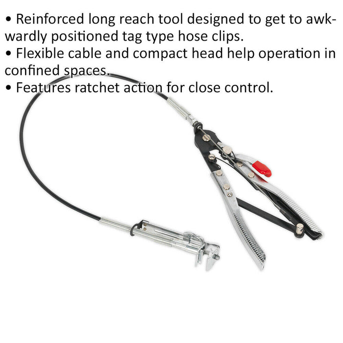Heavy Duty Remote Action Hose Clip Tool - Long Reach Flexible Cable - Ratchet Loops