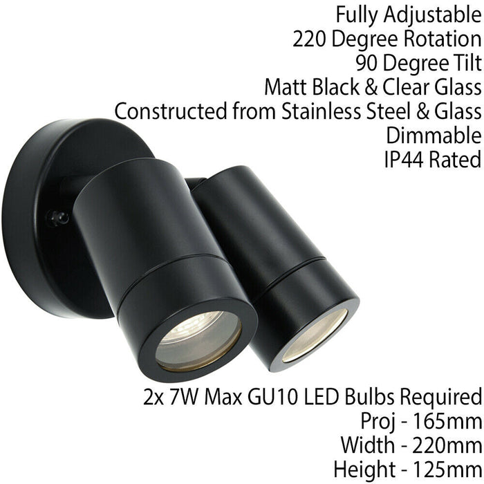 IP44 Outdoor Adjustable Spotlight Matt Black Twin GU10 Dimmable Up Down light Loops