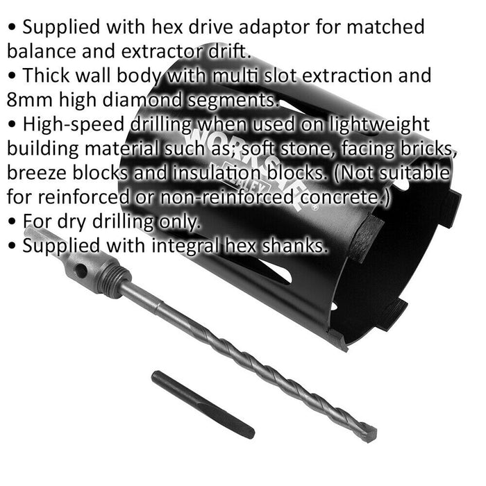 127mm x 150mm - Dry Diamond Core Drill Hole Saw - Hex Drive Adaptor - Drill Bit Loops