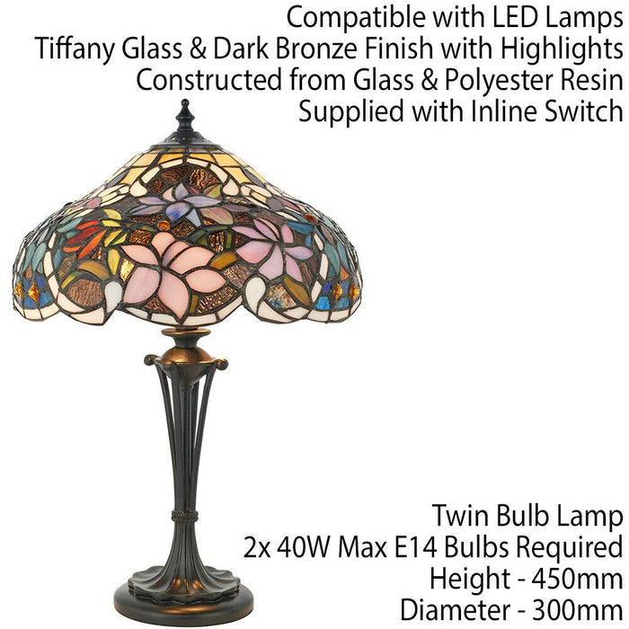 Tiffany Glass Table Lamp Light Dark Bronze & Multi Colour Floral Shade i00229 Loops