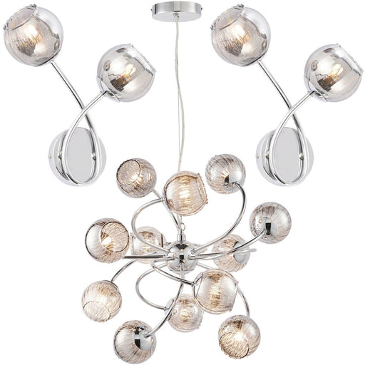 12 Arm Ceiling Pendant & 2x Wall Light Pack Chrome Smoked Glass Matching Indoor Loops
