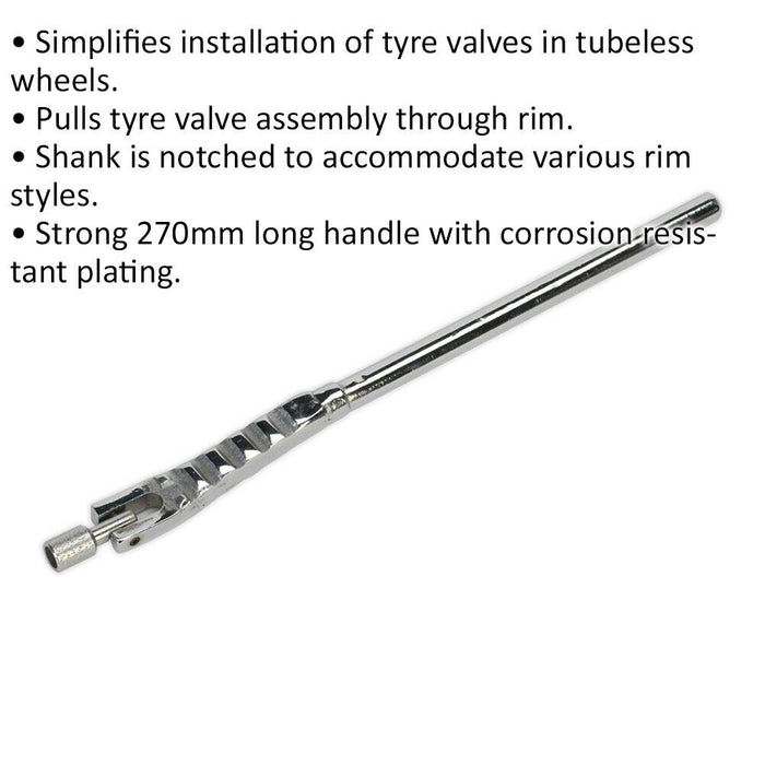 270mm Notched Tyre Air Valve Install Tool - Through Rim Tubeless Wheel Manual Loops