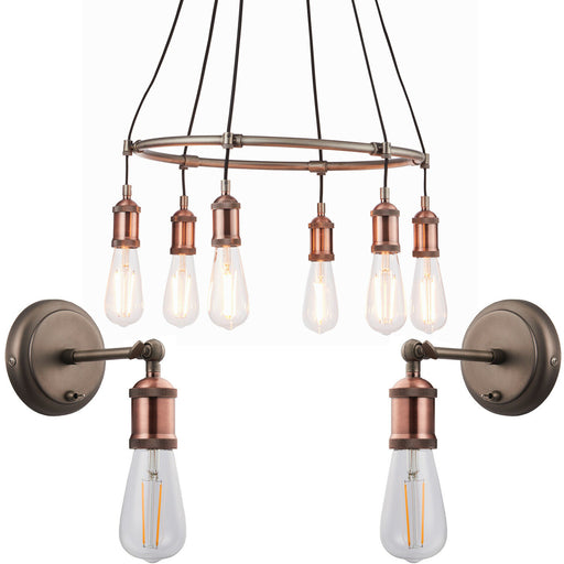 6 Lamp Ceiling Pendant & 2x Matching Wall Light Pack Tarnished Aged Copper Kit Loops