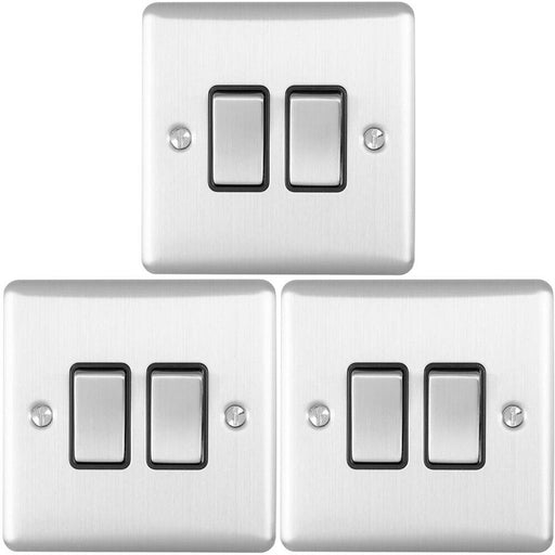 3 PACK 2 Gang Double Metal Light Switch SATIN STEEL 2 Way 10A Black Trim Loops