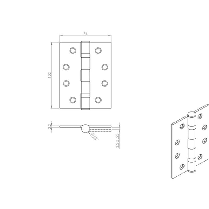 PAIR 102 x 76 x 2.2mm Ball Bearing Hinge Satin Steel Interior Door Loops
