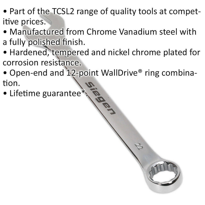 Hardened Steel Combination Spanner - 22mm - Polished Chrome Vanadium Wrench Loops