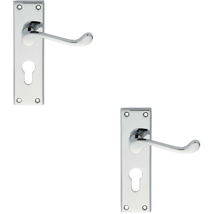 2x PAIR Victorian Scroll Lever on Euro Lock Backplate 150 x 43mm Polished Chrome Loops