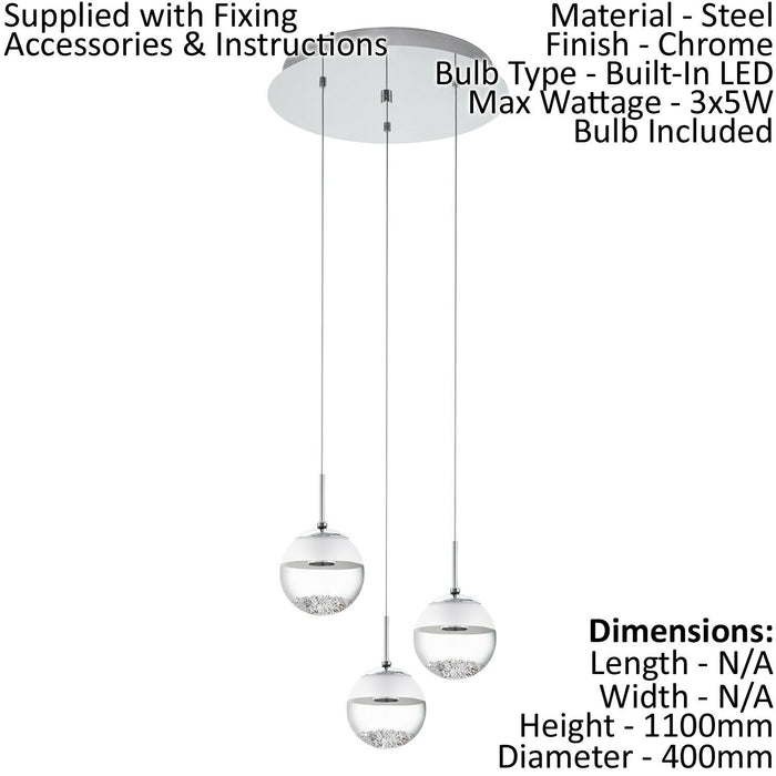 Pendant Ceiling Light Colour Chrome Shade Clear Glass Crystal Bulb LED 3x5W Loops