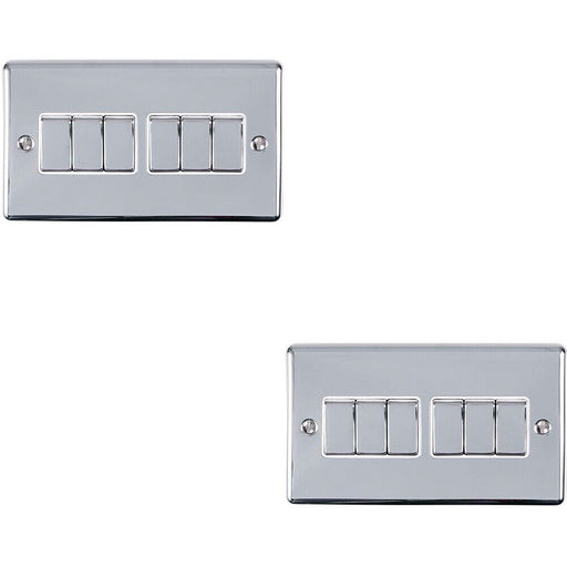 2 PACK 6 Gang Metal Multi Light Switch POLISHED CHROME 2 Way 10A White Trim Loops