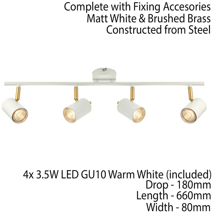 LED Tilting Ceiling Spotlight White & Brass 4 Bulb Kitchen Island Bar Down Light Loops
