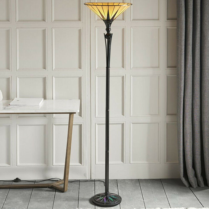 1.7m Tiffany Uplight Floor Lamp Black & Multi Colour Stained Glass Shade i00010 Loops