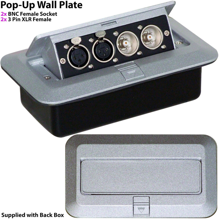 PRO Pop Up Wall Floor Plate & Back Box 2x BNC & Twin XLR Sockets CCTV & Audio Loops