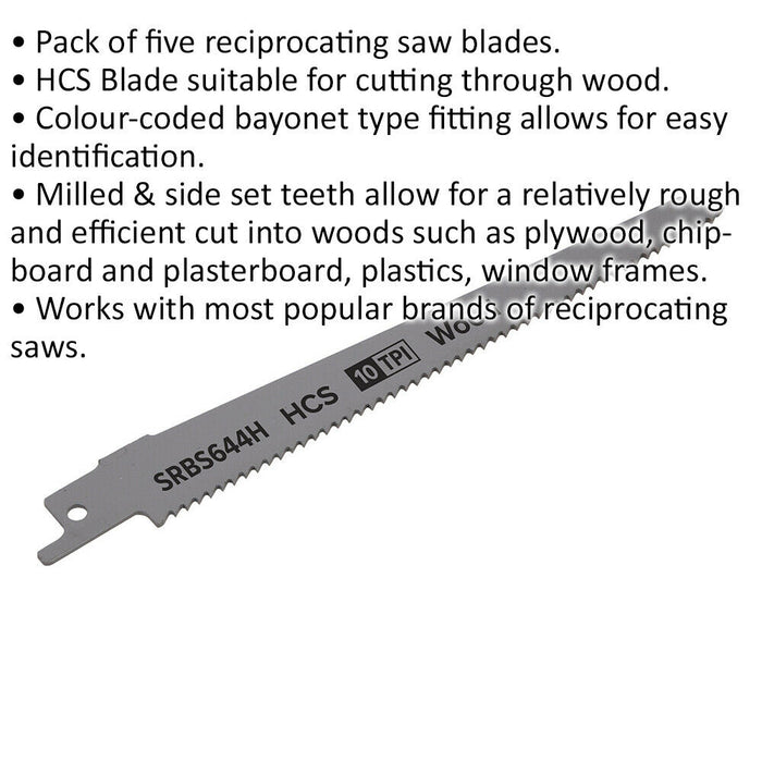 5 PACK 150mm HCS Reciprocating Saw Blade - 10 TPI - Milled Side Set Teeth Loops