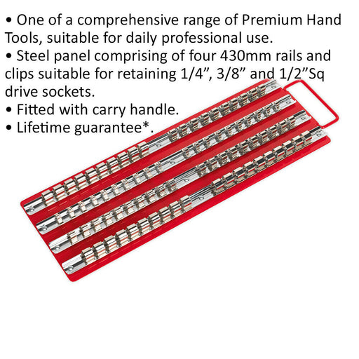RED 1/4" 3/8" & 1/2" Square Drive Bit Holder Tray - Retaining Rail Bar Storage Loops