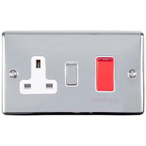 45A DP Oven Switch & Single 13A Switched Power Socket CHROME & White Trim Loops