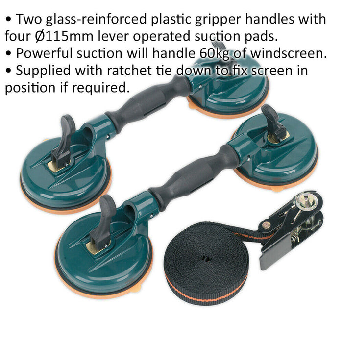 3 Piece Windscreen Handling Kit - 2 x Plastic Gripper Handles - Ratchet Tie Down Loops