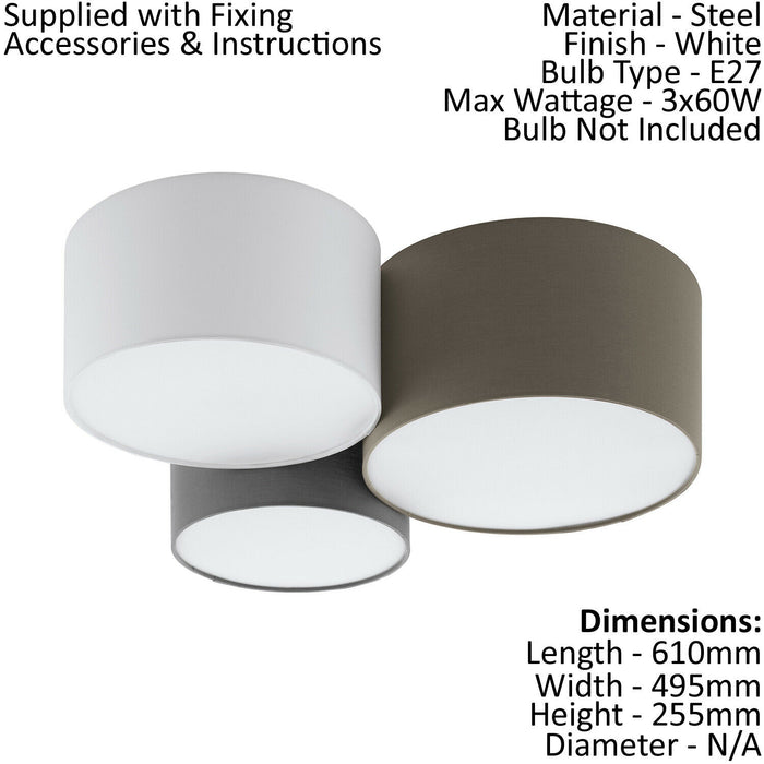 Wall Flush Ceiling Light White Anthracite Brown White Grey Fabric Bulb E27 3x60W Loops