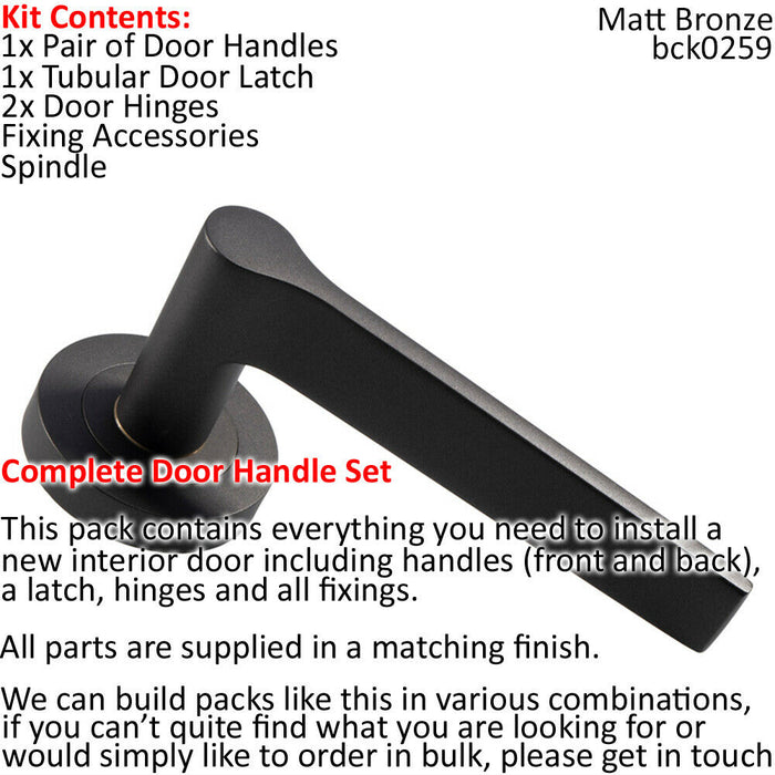 Door Handle & Latch Pack Matt Bronze Slim Rounded Lever Screwless Round Rose Loops