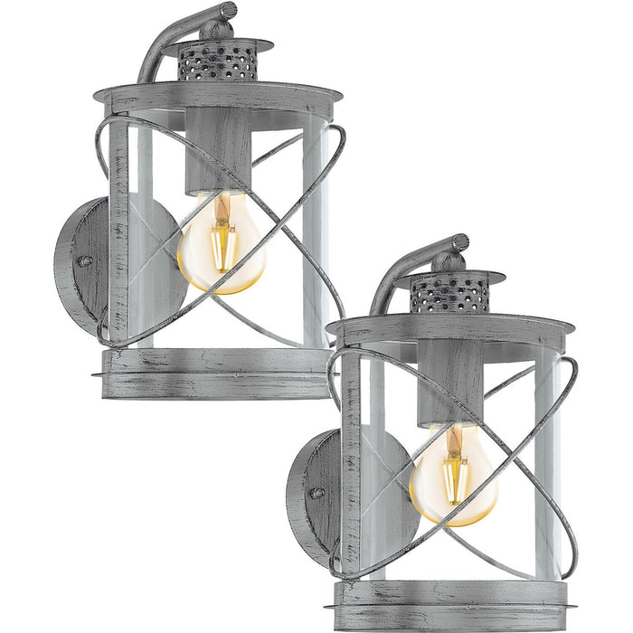 2 PACK IP44 Outdoor Wall Light Antique Silver & Glass Loop Lantern 60W E27 Loops