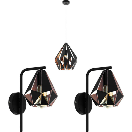 Ceiling Pendant Light & 2x Matching Wall Lights Black & Copper Geometric Shade Loops