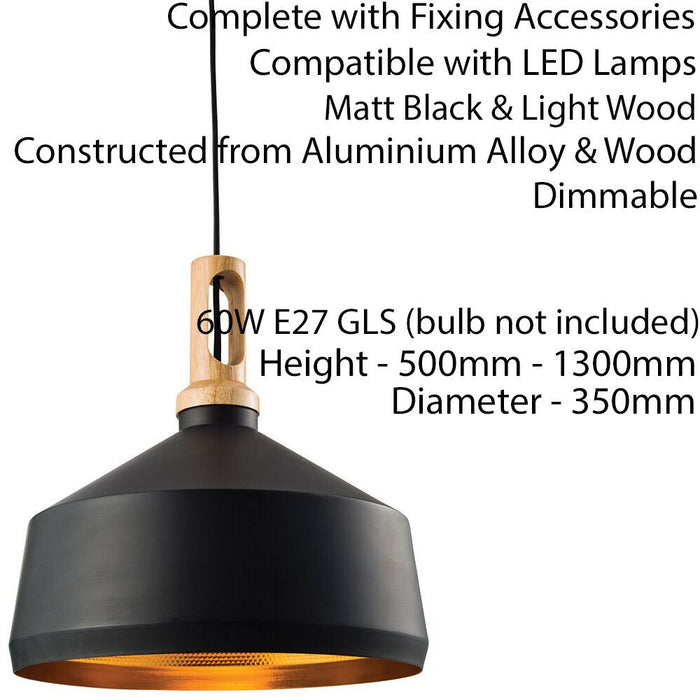 Hanging Ceiling Pendant Light MATT BLACK WOOD Shade Industrial Lamp Bulb Holder Loops