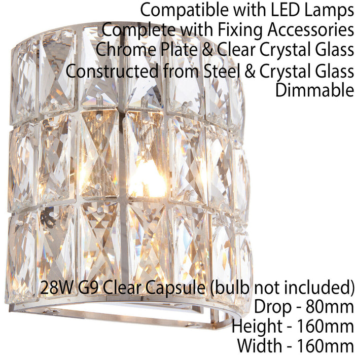 2 PACK Crystal LED Wall Light Chrome & Clear Glass Shade Pretty Dimmable Lamp Loops