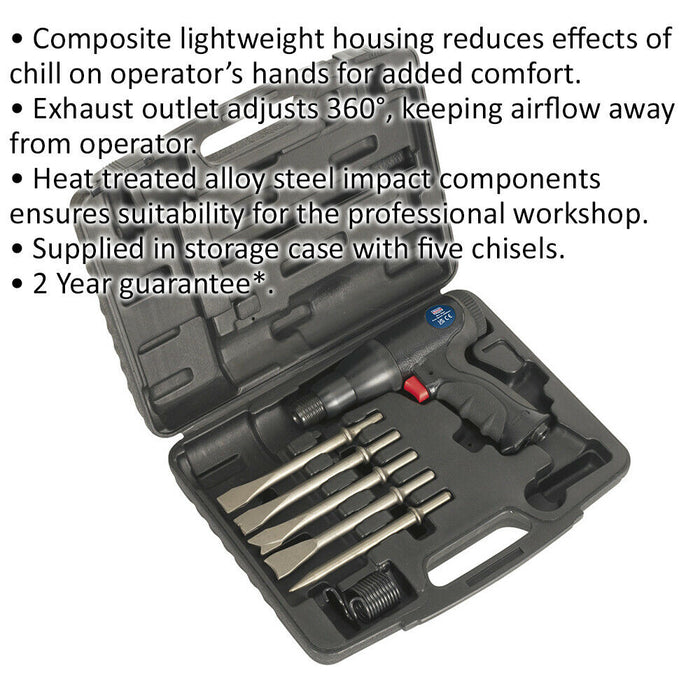 Composite Air Hammer Kit - Long Stroke - 5 Steel Chisels - Storage Case Loops