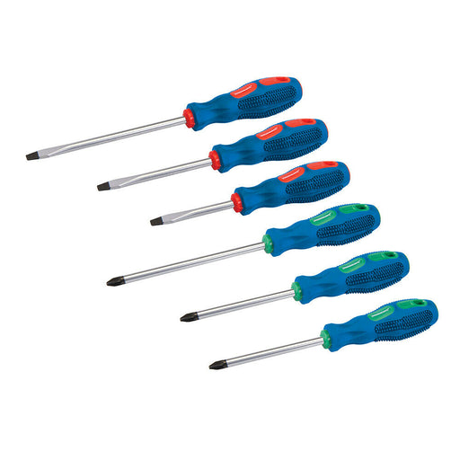 6 Piece Screwdriver Set Colour Coded Soft Grip Handles Pozi & Slotted Drivers Loops