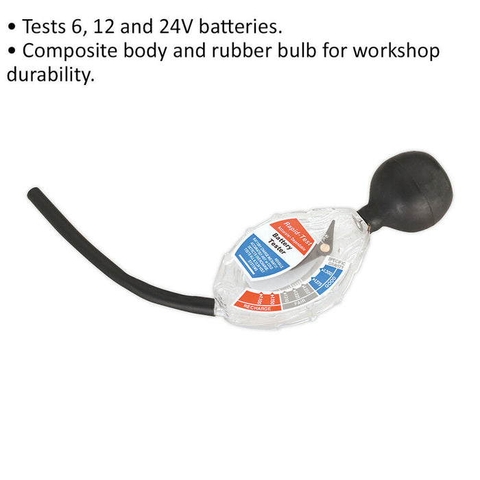 Dial Type Battery Fluid Tester - 6V 12V & 24V Batteries - Composite & Rubber Loops