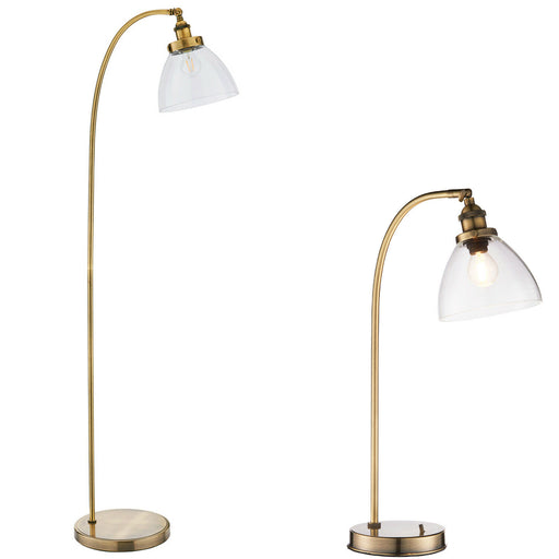 Standing Floor & Table Lamp Set Antique Brass Glass Shade Retro Industrial Light Loops