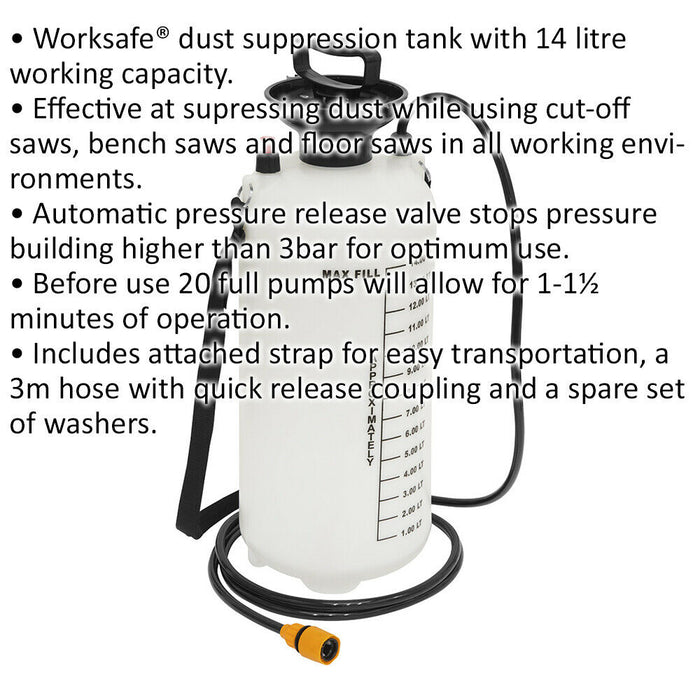 14L Dust Suppression Water Tank - Automatic Pressure Release Valve - 3m Hose Loops