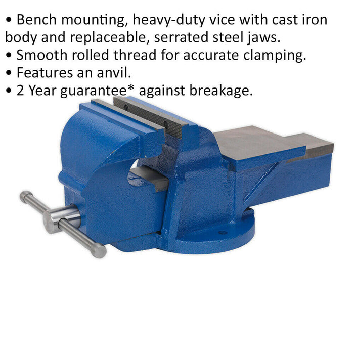 Heavy Duty Bench Mountable Fixed Base Vice - 200mm Jaw Opening - Cast Iron Loops