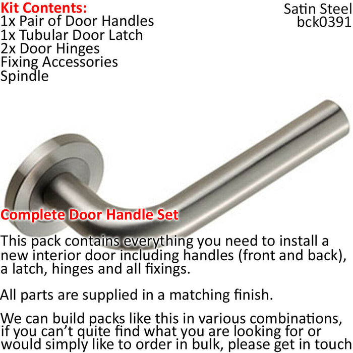 Door Handle & Latch Pack Satin Steel Rounded Bar Lever Screwless Round Rose Loops