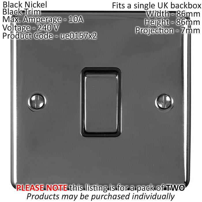 2 PACK 1 Gang Single Metal Light Switch BLACK NICKEL 2 Way 10A Black Trim Loops