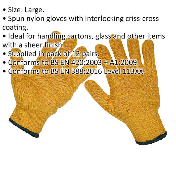 12 PAIRS Anti-Slip Handling Gloves - Large - Spun Nylon Gloves - BS EN 388 Loops
