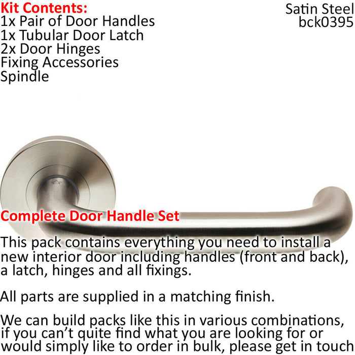 Door Handle & Latch Pack Satin Steel Smooth Curve Lever Screwless Round Rose Loops