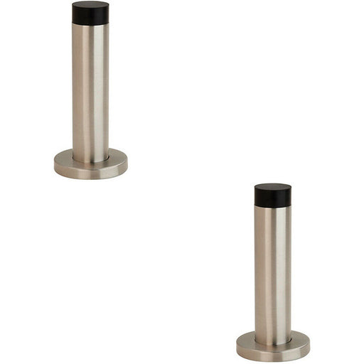 2x Wall Mounted Doorstop Cylinder on Rose Rubber Tip 102 x 22mm Satin Steel Loops