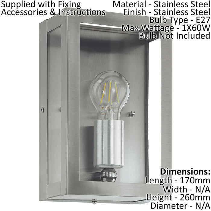 IP44 Outdoor Wall Light Stainless Steel Box 1 x 60W E27 Bulb Porch Lamp Loops