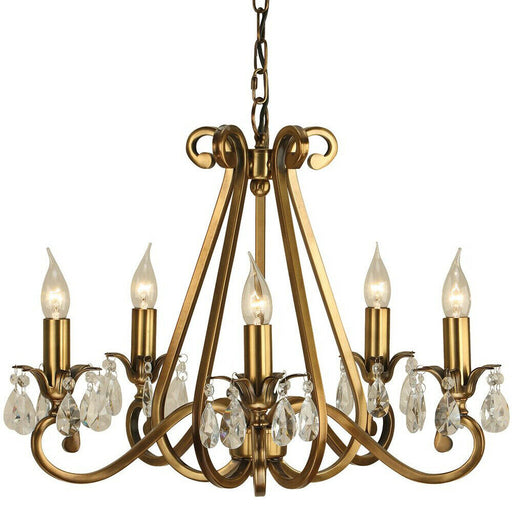 Esher Ceiling Pendant Chandelier Antique Brass & Crystal Curved 5 Lamp Light Loops