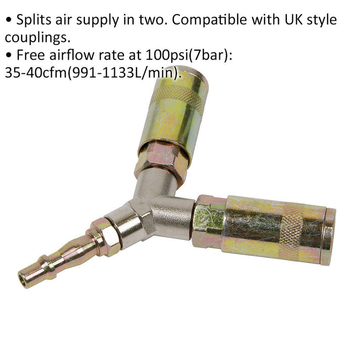 Twin Coupling Bodies Y-Adaptor - 100 psi Free Airflow Rate - Airflow Splitter Loops