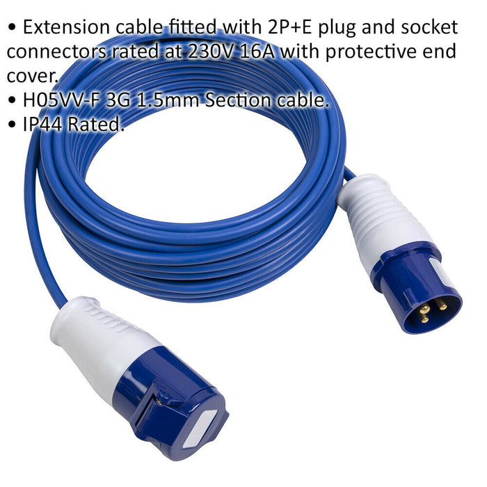 14m Extension Lead Fitted with 2P+E Plug - Single 230V 16A Socket - 1.5mm Cable Loops