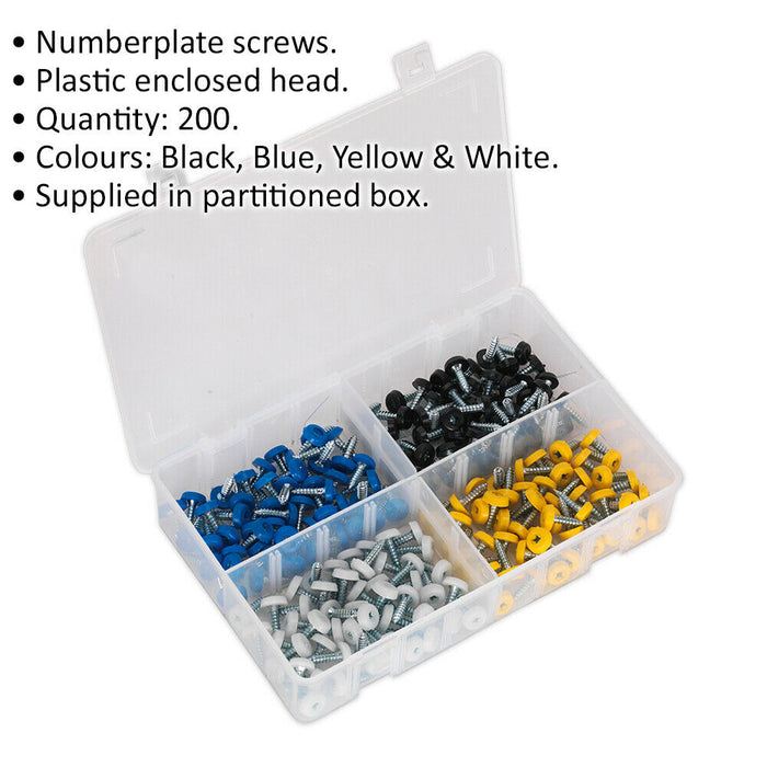 200 PACK Number Plate Screw Assortment - 4.8 x 18mm - Various Colour Car Reg Set Loops